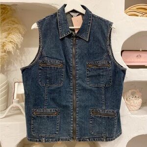 Vintage Dark Wash Zip Up Collared Denim Vest with Multiple Pockets